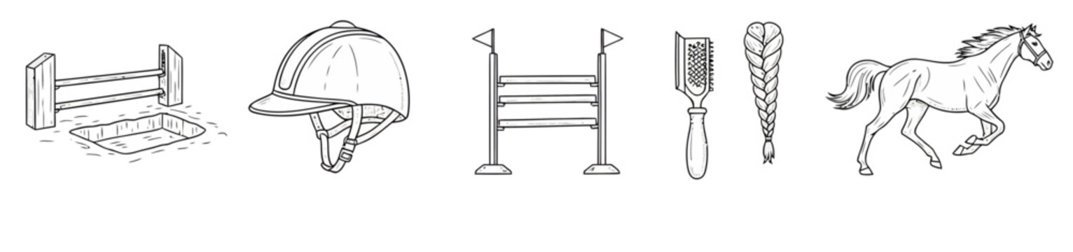 Essential equestrian items riding helmet, horse jumps, grooming brush, braided hair, and a galloping horse. Perfect for sport, training, and hobby projects.