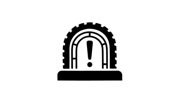 Flat black tire icon with exclamation mark indicating low pressure or a safety warning for automotive applications and vehicle diagnostics.