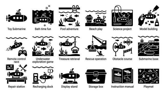 Set of toy submarine icons depicting various activities like play, exploration, science, and maintenance, perfect for childrens games, educational content, and product design.