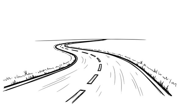 Hand drawn sketch of a winding road with dashed lane markers and grass illustrating concepts of journey travel and progress ideal for various media projects.