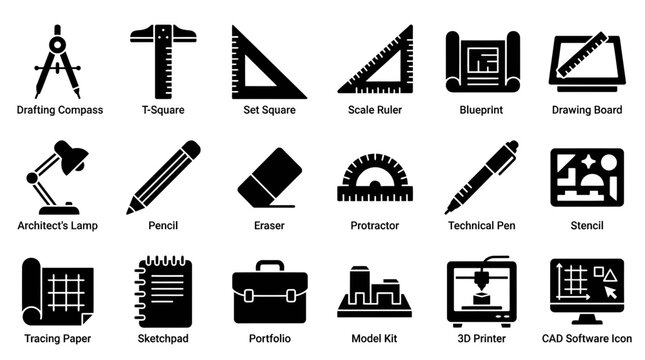 This comprehensive collection showcases essential drafting, architecture, and engineering tools and equipment as clean graphic icons for various creative and professional applications.