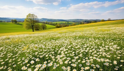 Fototapeta premium Blossoming Meadow: An expansive view of a verdant meadow carpeted with a sea of daisies, under a bright blue sky, trees and gently rolling hills evoke tranquility.