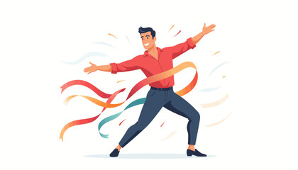 Obraz premium cheerful person dancing with colorful ribbons, joyful flat design vector illustration