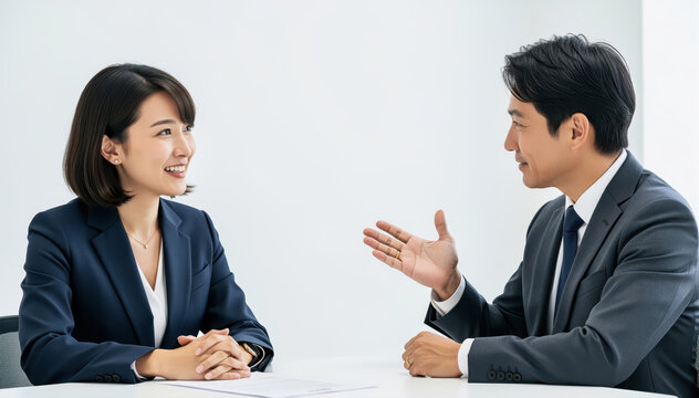 Professional Dialogue: Two business professionals engage in a focused and amicable conversation at a modern table, reflecting mutual respect and a productive exchange.