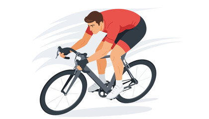 Naklejka premium Man riding a road bike in motion, flat design vector illustration