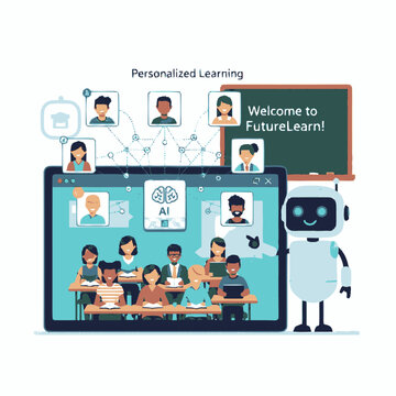 Modern Personalized Learning with AI Robot and Students.