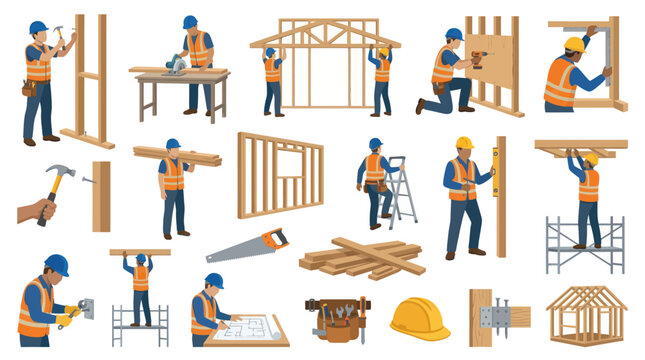 Construction Workers  Carpenters Building, Framing Houses with Tools - Flat Vector Illustration