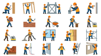 Fototapeta premium Construction Workers Building and Repairing Flat Vector Icons Set