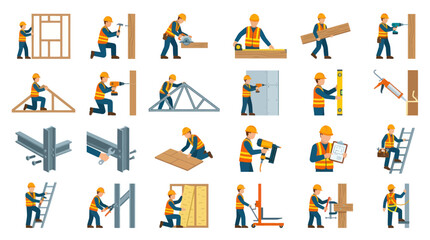 Fototapeta premium Construction workers and building tools, flat icon set