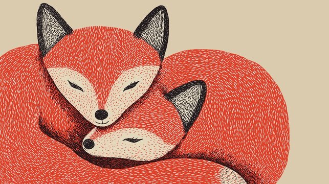 Two affectionate foxes cuddling in a whimsical illustration style, perfect for children's products, branding, and cozy decor, illustration, whimsical, cozy, affectionate, branding, decor
