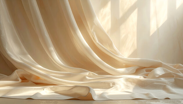 Soft, flowing beige fabric drapes elegantly, illuminated by gentle sunlight creating a serene and textured visual.