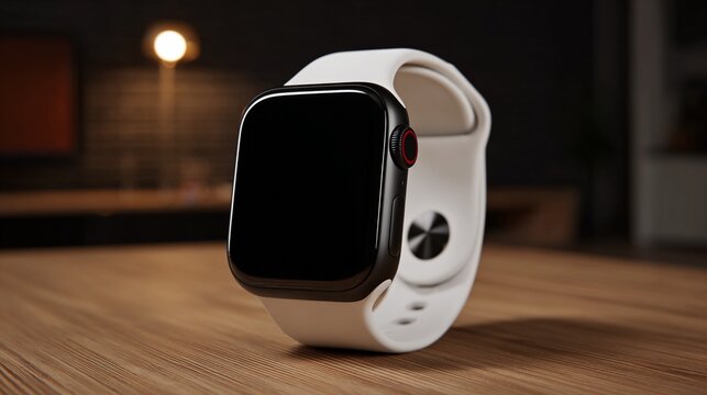 Smartwatch, wooden table, Modern smartwatch with a sleek design on a wooden table in a cozy indoor setting, ideal for advertising and marketing campaigns, indoor, home, contemporary, modern, sleek