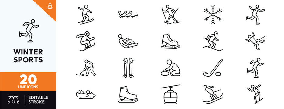 Winter sports line icon set featuring skiing snowboarding ice skating ice hockey curling bobsleigh and winter recreational activities for mobile apps and web design projects