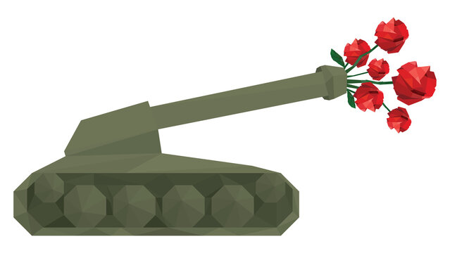 Abstract military Tank with red roses at the muzzles of cannon polygon shapes isolated