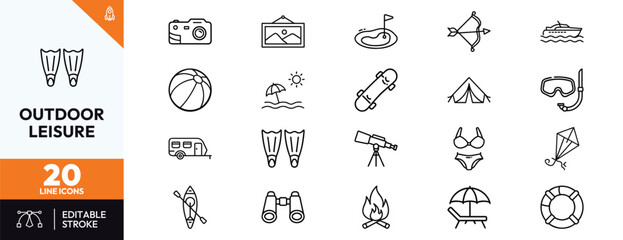 Collection of outdoor leisure icons for camping and beach activities featuring summer sports symbols travel equipment and recreation elements for modern graphic designs. © Deezora