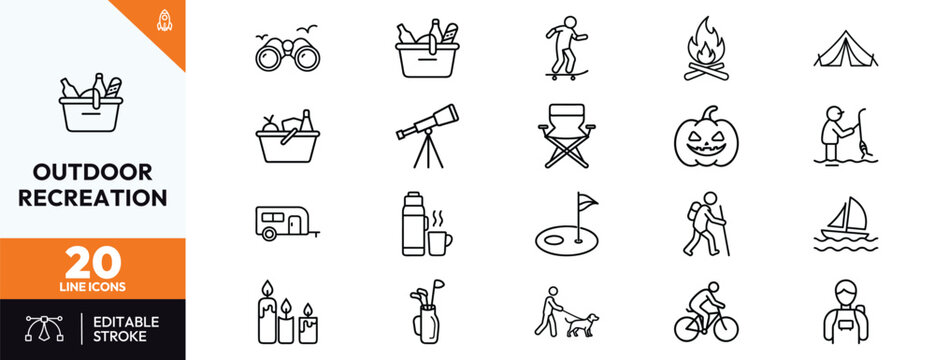 Set of outdoor recreation line icons featuring camping hiking cycling fishing and adventure symbols for travel website design mobile apps and nature themed graphic projects