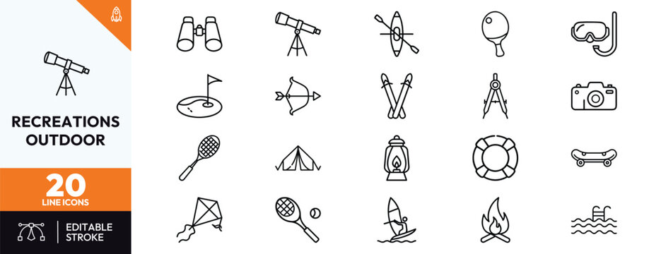 Set of 20 outdoor recreation and leisure activities line icons. Includes camping equipment, water sports, hiking gear, and athletic hobby symbols for web and app design interfaces.