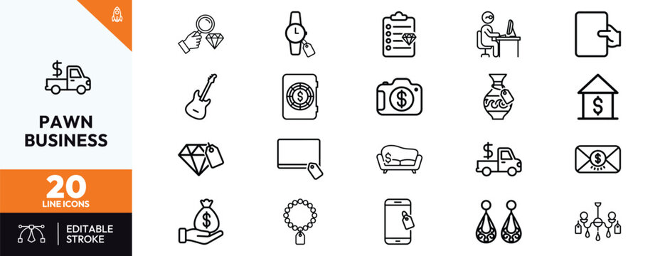Collection of 20 high quality pawn business line icons featuring pawnshop items like jewelry electronics musical instruments vehicles and loan money transaction symbols for web and mobile apps