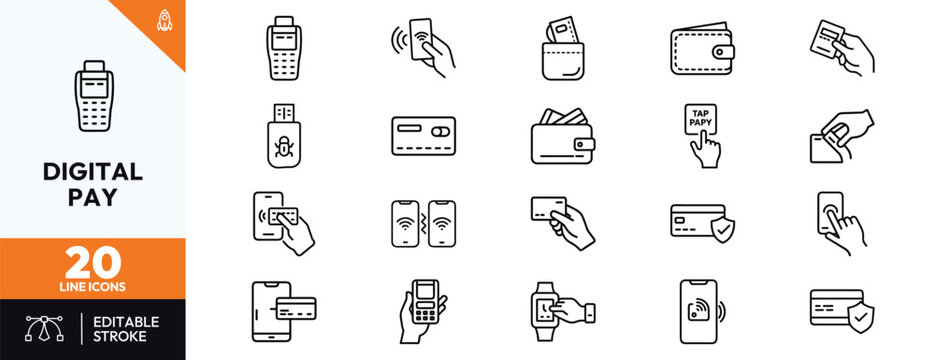 Collection of digital payment and mobile banking line icons featuring contactless transactions, credit cards, wallets, point of sale terminals, nfc technology and secure online finance services.