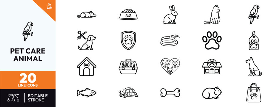 Comprehensive set of pet care and animal icons featuring dog cat parrot hamster rabbit fish turtle snake pet food bowl grooming carrier kennel veterinary clinic and paw print symbols.