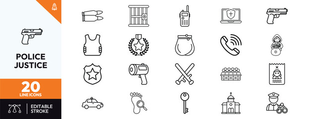 Set of law enforcement and justice line icons featuring police equipment crime investigation symbols and legal system elements for security services and professional digital design projects © Deezora