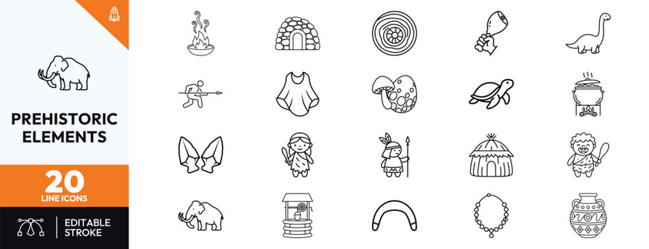 Prehistoric and stone age line icon set featuring mammoth dinosaur caveman fire hunting tools primitive weapons and ancient living elements for history education and museum design projects.