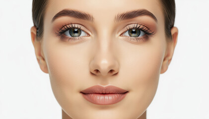 Fototapeta premium The Beauty Within: A portrait of serene beauty showcases a woman's perfect features, with attention drawn to her captivating eyes, elegant eyebrows, and the soft contours of her face.