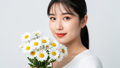 Fototapeta premium Floral Serenity: A radiant woman gazes serenely while cradling a delicate bouquet of white daisies, symbolizing purity and grace, enhanced by a backdrop.