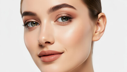 Fototapeta premium Elegant Radiance: A close-up shot of a woman with radiant, flawless skin, adorned with subtle makeup, showcasing natural beauty.