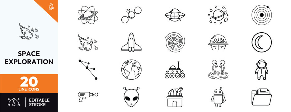 Space exploration line icons collection featuring astronaut alien rocket planets stars satellite UFO and galaxy. Perfect for scientific educational projects and cosmic designs for various media.
