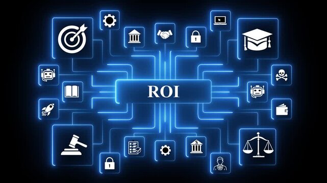 ROI concept network animation with connected technology icons, glowing data nodes and financial performance,4k animate 4k black baground ,and animation or technology