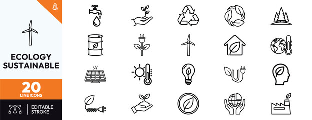 Fototapeta premium Ecology and sustainability line icon set featuring renewable energy green power recycling environmental conservation eco friendly symbols for clean nature and global warming awareness.
