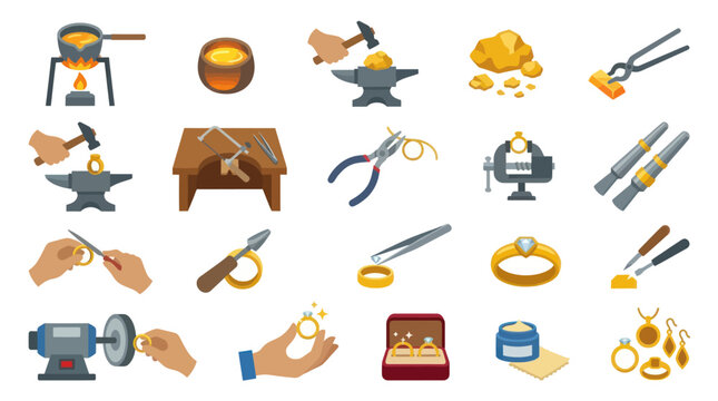 Jewelry Making Tools and Materials Vector Icons Set Flat Style