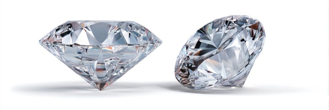 Two dazzling, clear, faceted gemstones, each positioned on a white background, casting a shadow