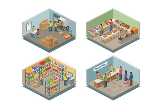 Isometric Retail Operations Set Supermarket Logistics, Stocking, Shopping, and Checkout Processes