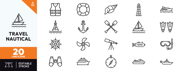 Collection of twenty sea travel and marine navigation line icons featuring lighthouse sailboat anchor cruise ship submarine compass lifebuoy life jacket for ocean adventure designs. © Deezora