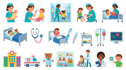 Fototapeta premium Pediatric Medical Care Flat Illustration Set: Nurses, Doctors, Hospital, Kids Health Icons
