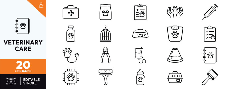 Veterinary care line icons set for pet health and medical services featuring dog and cat paw prints, medical tools, pet grooming equipment, animal clinic supplies, and pet owner essentials.