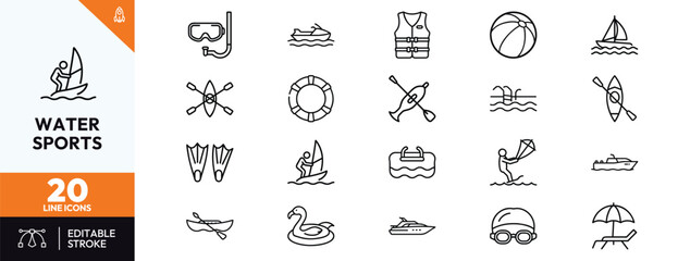 Comprehensive Water Sports and Summer Beach Activities Icon Set featuring Snorkeling Surfing Kayaking Sailing and Swimming Equipment for Outdoor Recreation Design © Deezora