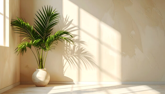 A vibrant green palm tree in a textured pot stands gracefully in a sunlit corner, casting intricate shadows across a neutral-toned wall.