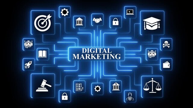 Digital marketing ecosystem illustrating multi-channel outreach, audience engagement and performance-,animation video,4k black baground ,