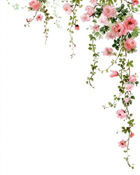 Watercolor illustration of pink roses cascading down with green vines on a white background