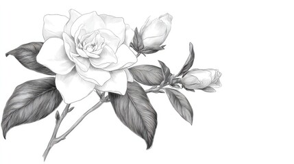 Obraz premium Detailed Pencil Illustration of a Beautiful White Flower and Buds