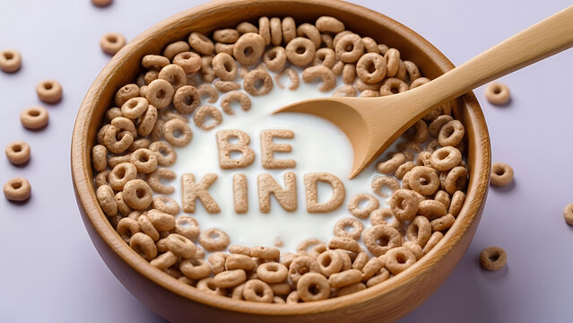 Wooden bowl with cereal and milk spelling be kind spoon