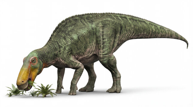 Edmontosaurus annectens grazing and feeding on ground vegetation isolated on white background, detailed reconstruction showing low browsing behavior and natural herbivorous posture.
