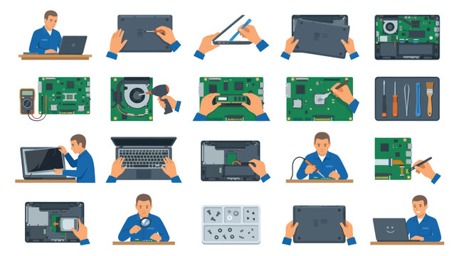 Computer repair and laptop maintenance vector illustration service
