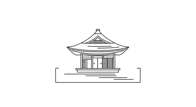 Minimalist Japanese Temple Outline Icon, Traditional Architecture, Zen Buddhism Symbol