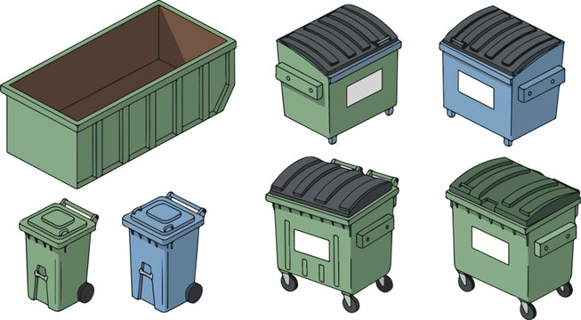 Isometric illustration of a dumpster vector set, including various trash receptacle designs for waste management