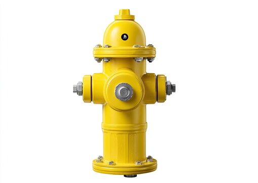 Bright yellow metallic fire hydrant with silver bolts and caps against white