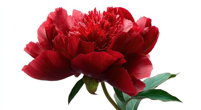 A rich, deep red peony bloom, with layered petals and green leaves on white